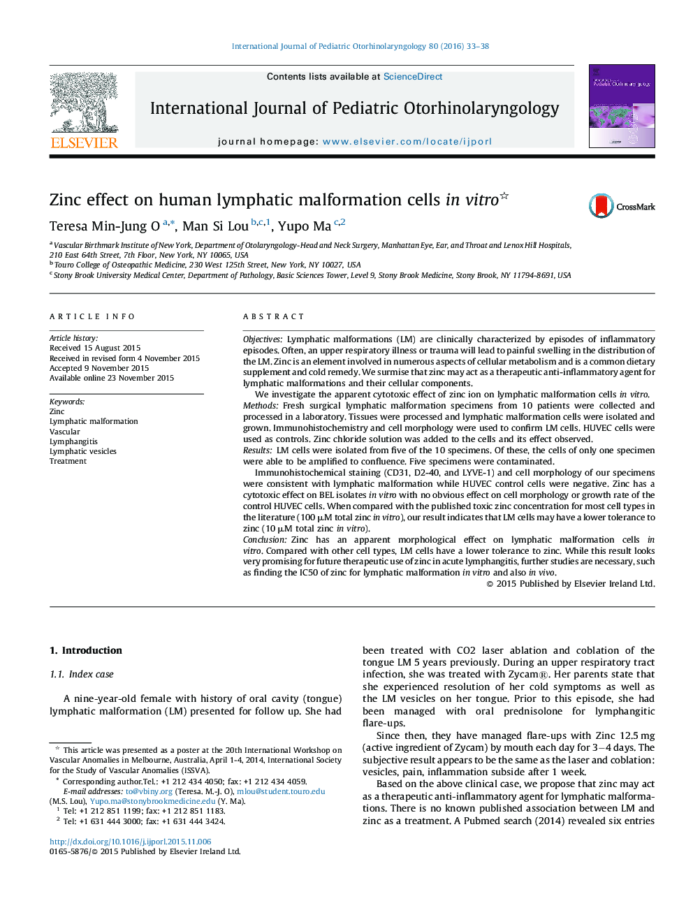 Zinc effect on human lymphatic malformation cells in vitro 