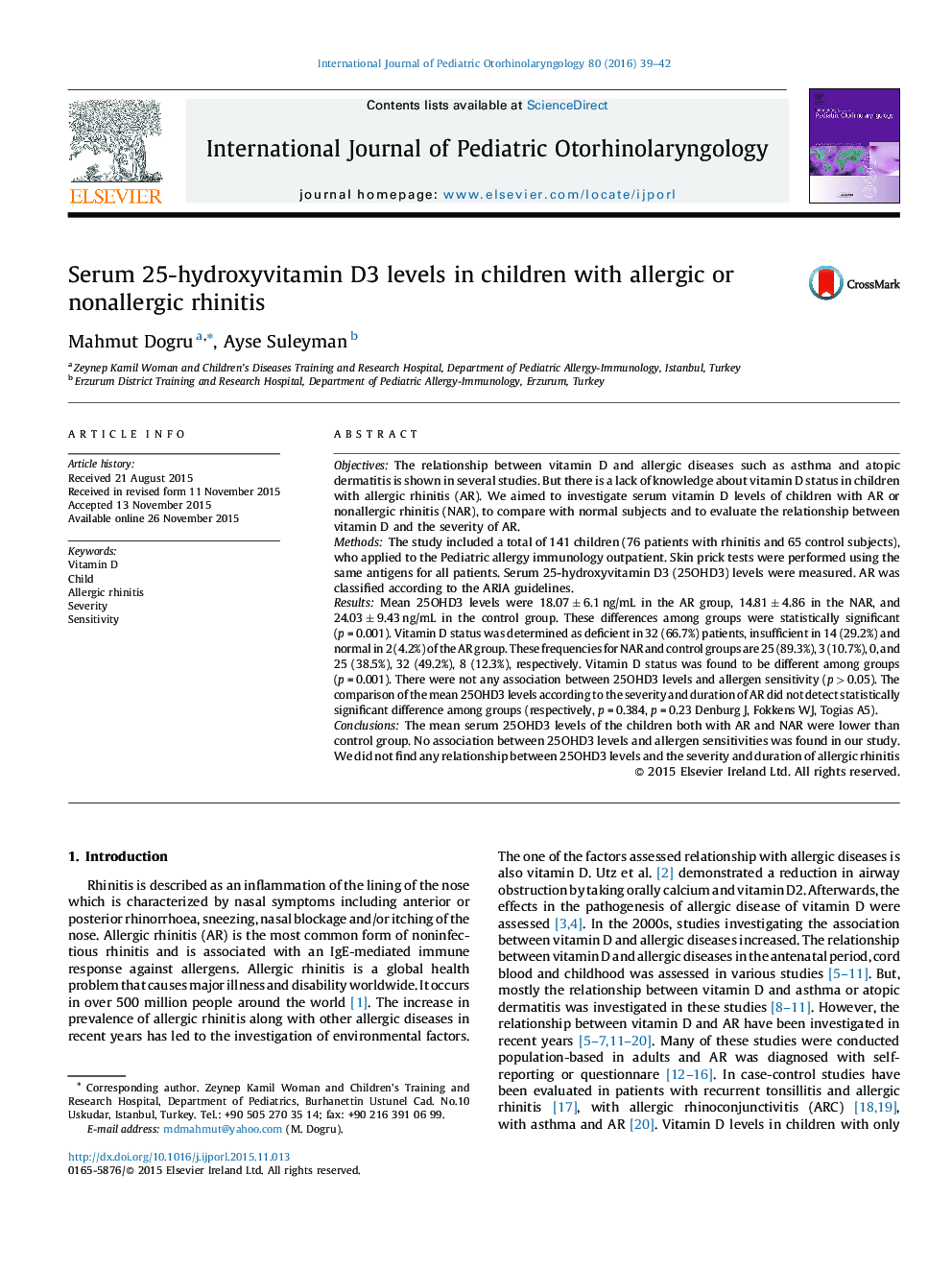 Serum 25-hydroxyvitamin D3 levels in children with allergic or nonallergic rhinitis