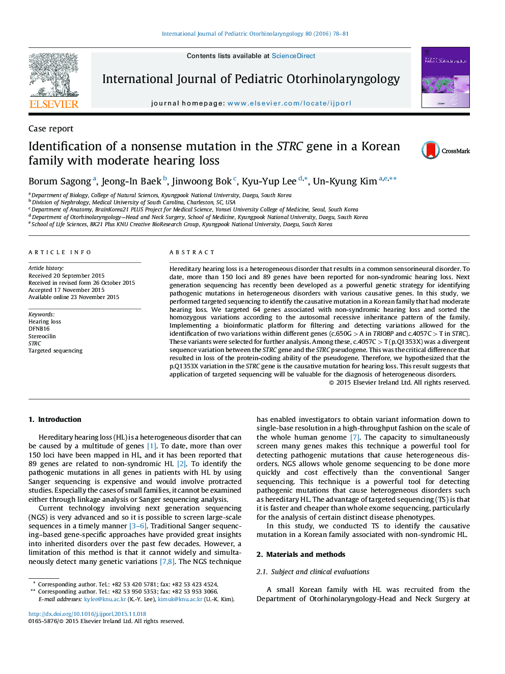 Identification of a nonsense mutation in the STRC gene in a Korean family with moderate hearing loss