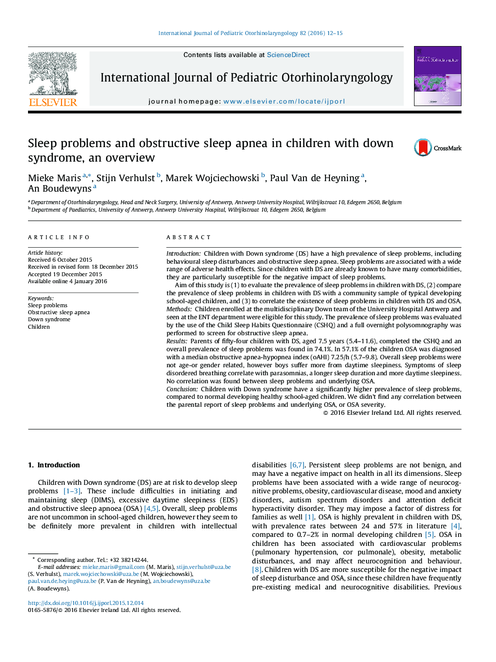 Sleep problems and obstructive sleep apnea in children with down syndrome, an overview
