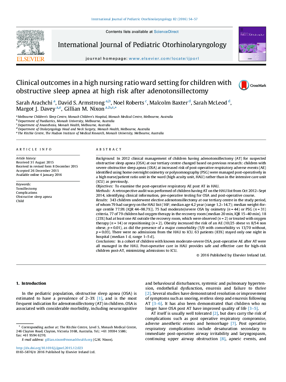 Clinical outcomes in a high nursing ratio ward setting for children with obstructive sleep apnea at high risk after adenotonsillectomy