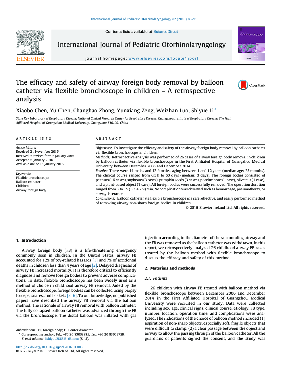 The efficacy and safety of airway foreign body removal by balloon catheter via flexible bronchoscope in children – A retrospective analysis