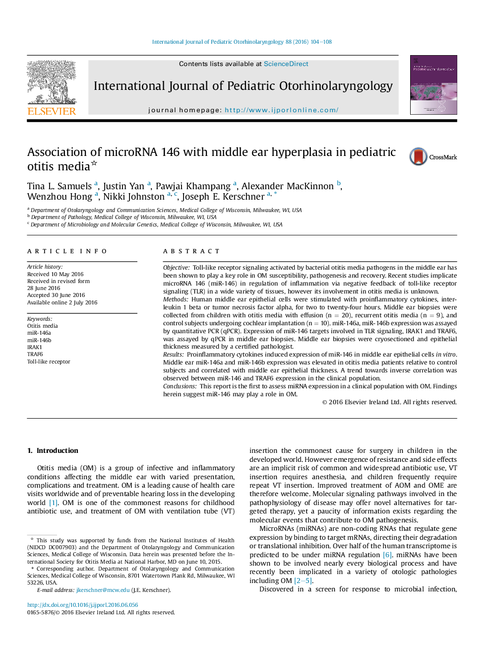 Association of microRNA 146 with middle ear hyperplasia in pediatric otitis media 