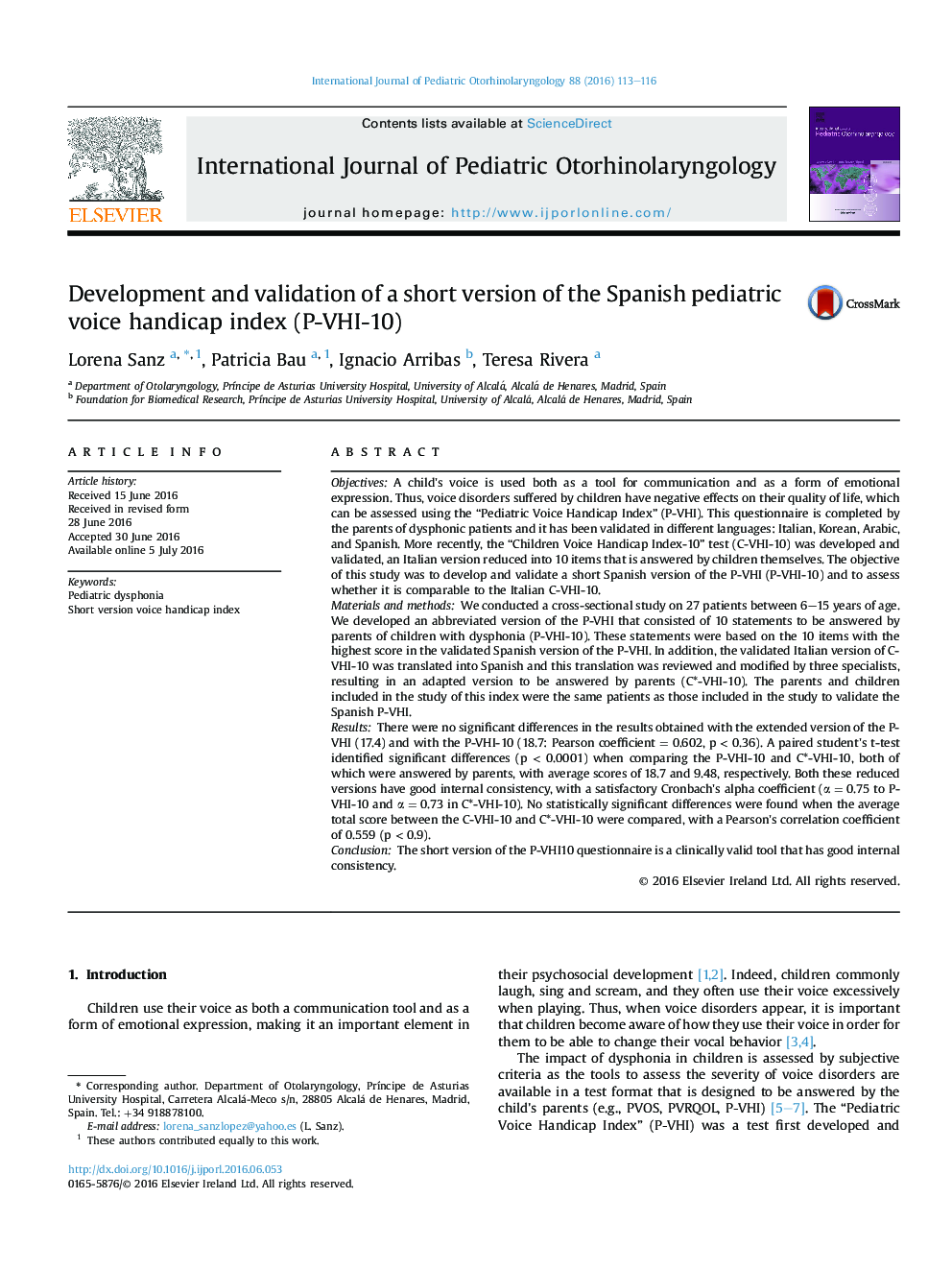 Development and validation of a short version of the Spanish pediatric voice handicap index (P-VHI-10)