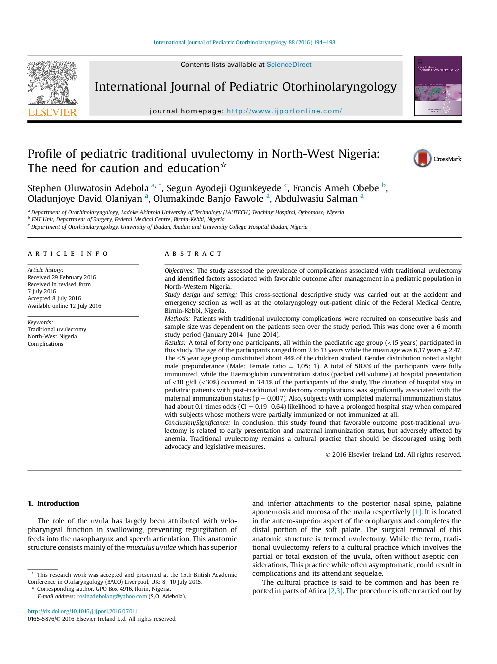 Profile of pediatric traditional uvulectomy in North-West Nigeria: The need for caution and education 