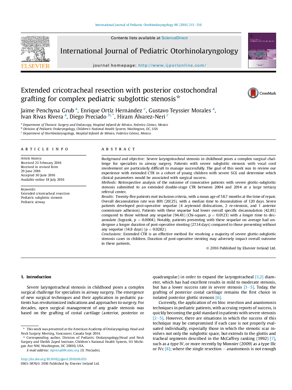 Extended cricotracheal resection with posterior costochondral grafting for complex pediatric subglottic stenosis 