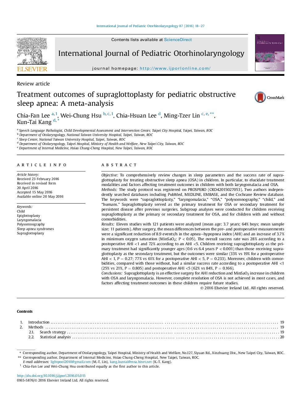 Treatment outcomes of supraglottoplasty for pediatric obstructive sleep apnea: A meta-analysis