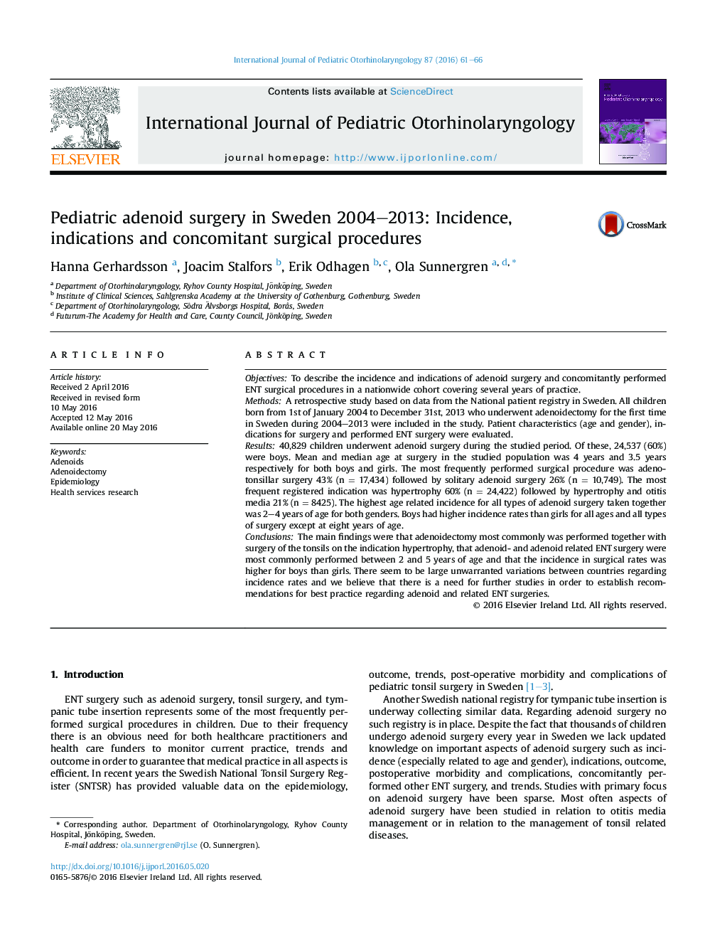 Pediatric adenoid surgery in Sweden 2004–2013: Incidence, indications and concomitant surgical procedures