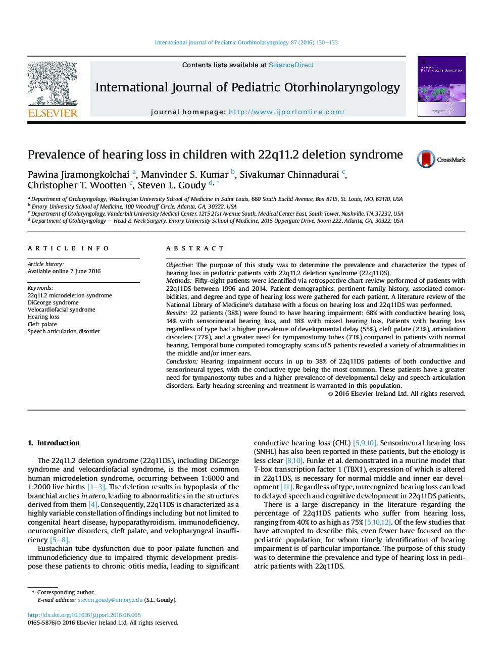 Prevalence of hearing loss in children with 22q11.2 deletion syndrome