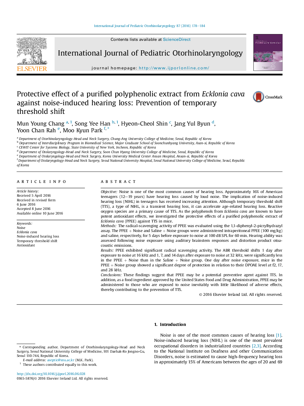 Protective effect of a purified polyphenolic extract from Ecklonia cava against noise-induced hearing loss: Prevention of temporary threshold shift