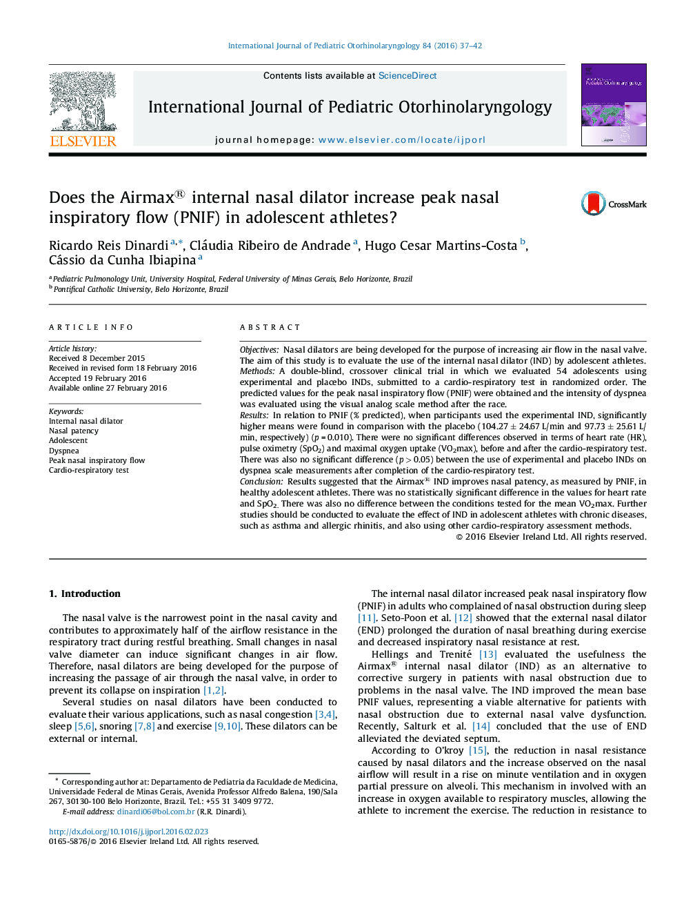 Does the Airmax® internal nasal dilator increase peak nasal inspiratory flow (PNIF) in adolescent athletes?