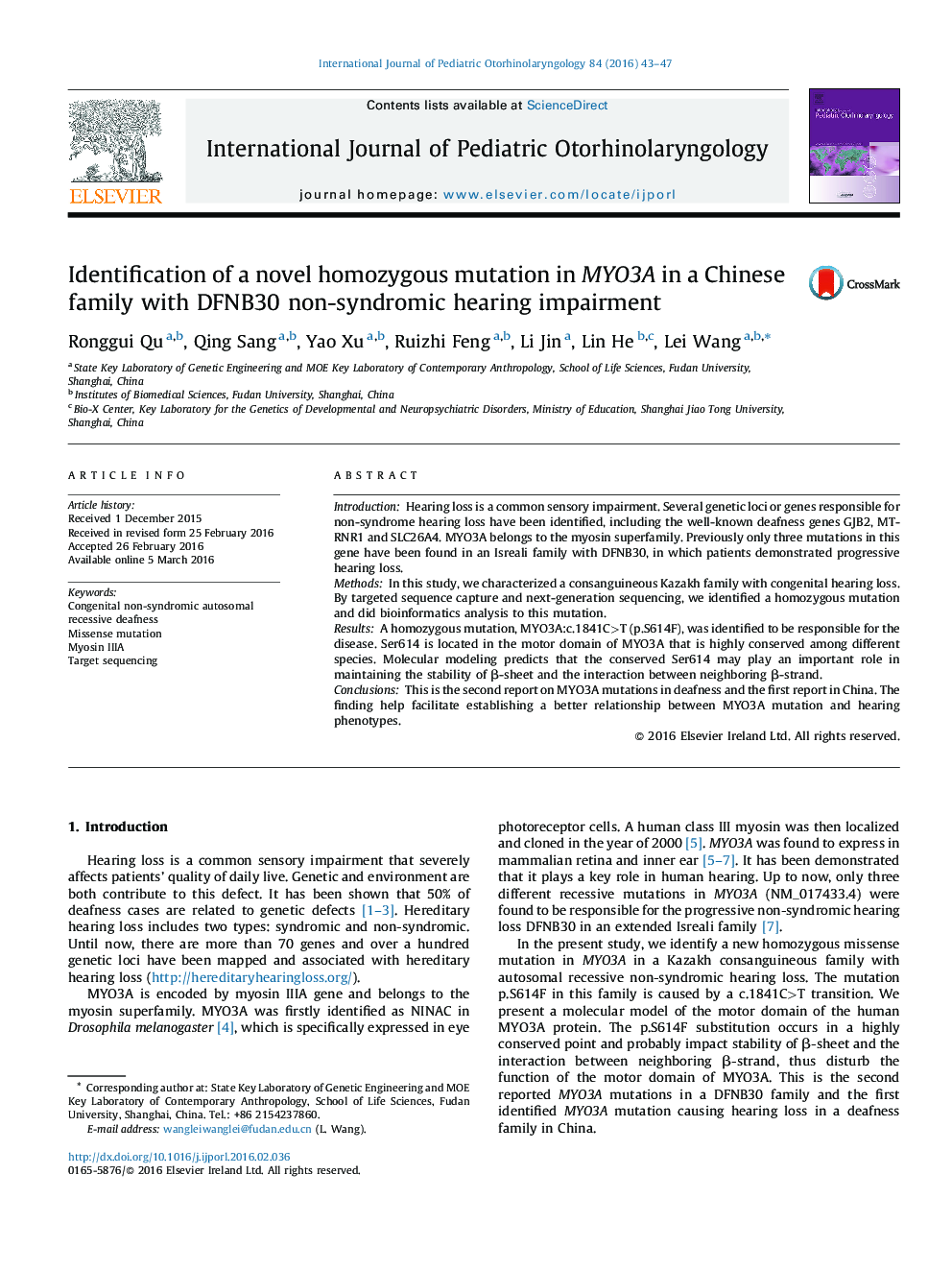 Identification of a novel homozygous mutation in MYO3A in a Chinese family with DFNB30 non-syndromic hearing impairment