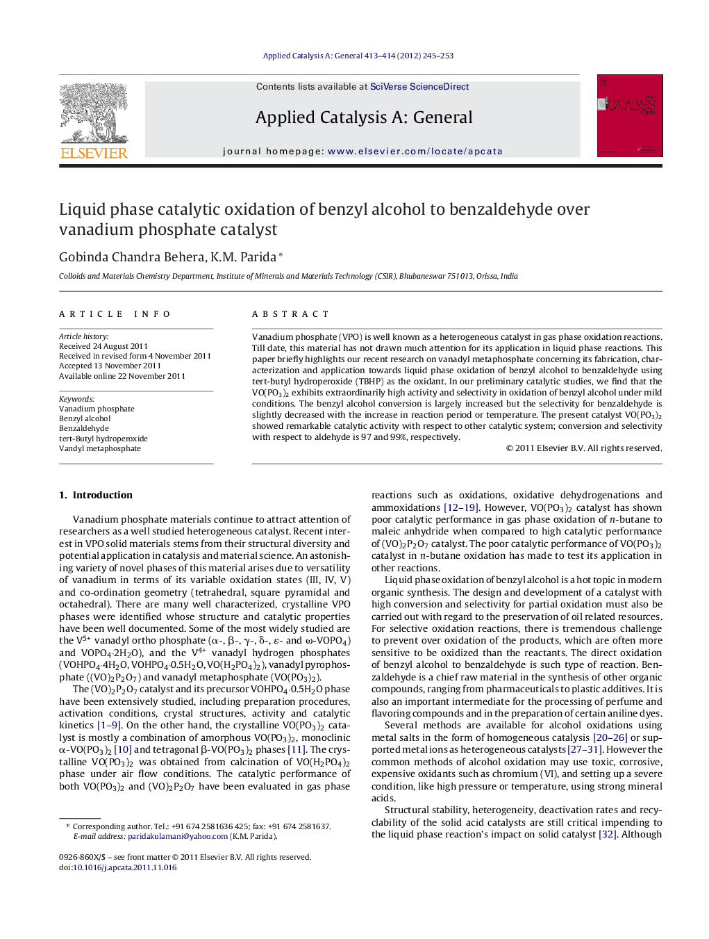Liquid phase catalytic oxidation of benzyl alcohol to benzaldehyde over vanadium phosphate catalyst