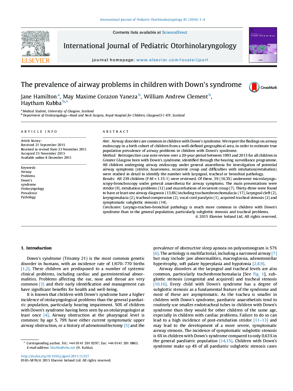 The prevalence of airway problems in children with Down's syndrome