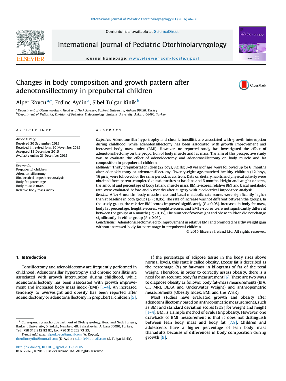 Changes in body composition and growth pattern after adenotonsillectomy in prepubertal children