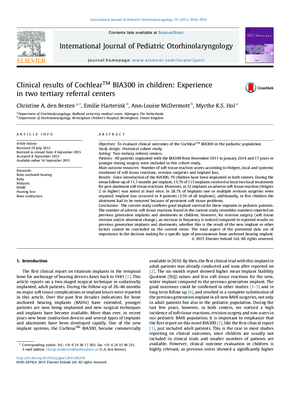 Clinical results of Cochlear™ BIA300 in children: Experience in two tertiary referral centers