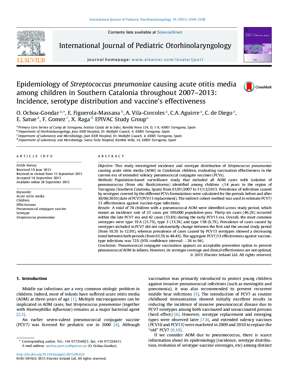 Epidemiology of Streptococcus pneumoniae causing acute otitis media among children in Southern Catalonia throughout 2007–2013: Incidence, serotype distribution and vaccine's effectiveness