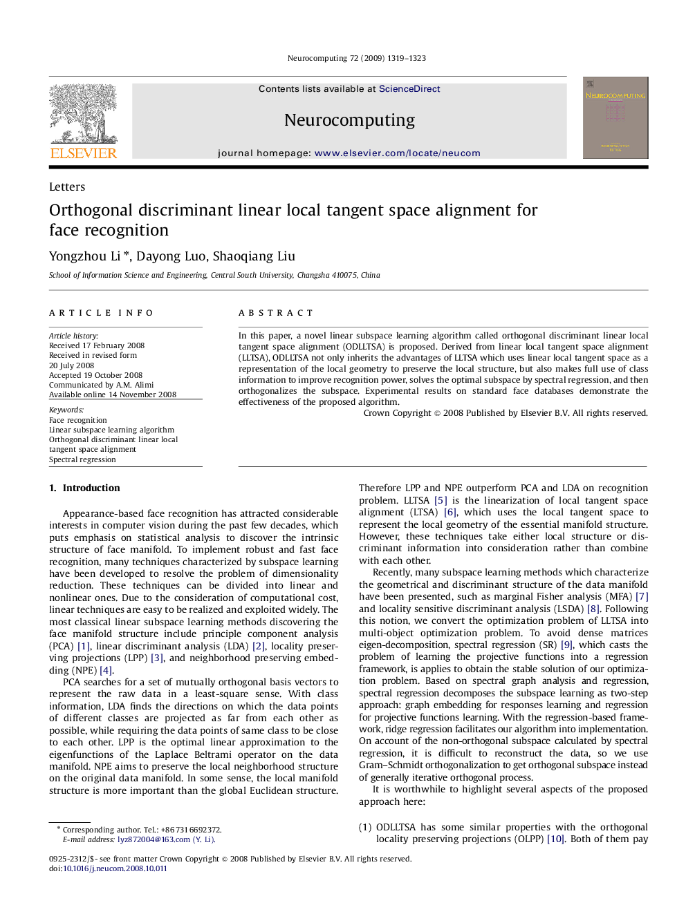 Orthogonal discriminant linear local tangent space alignment for face recognition