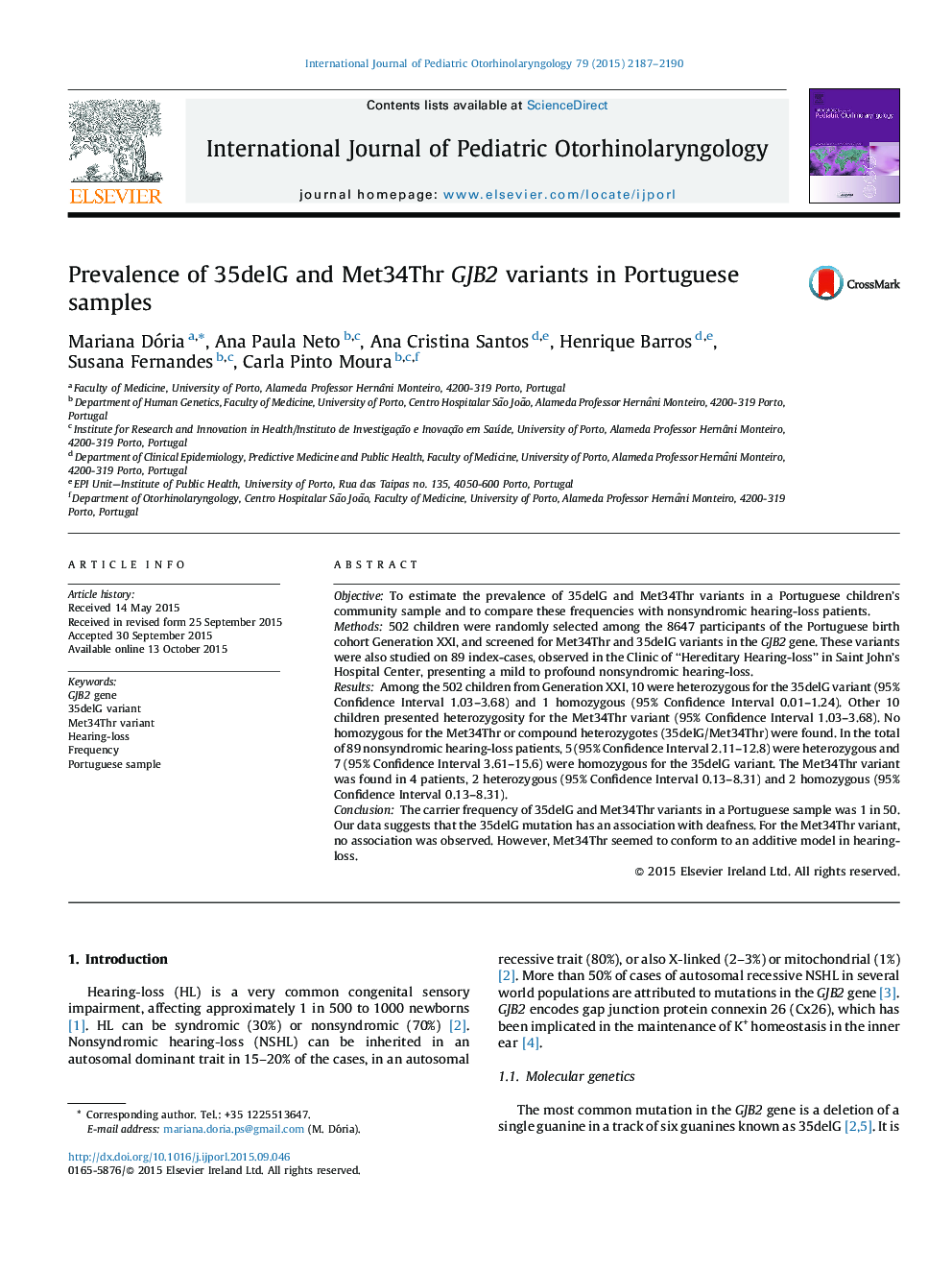 Prevalence of 35delG and Met34Thr GJB2 variants in Portuguese samples