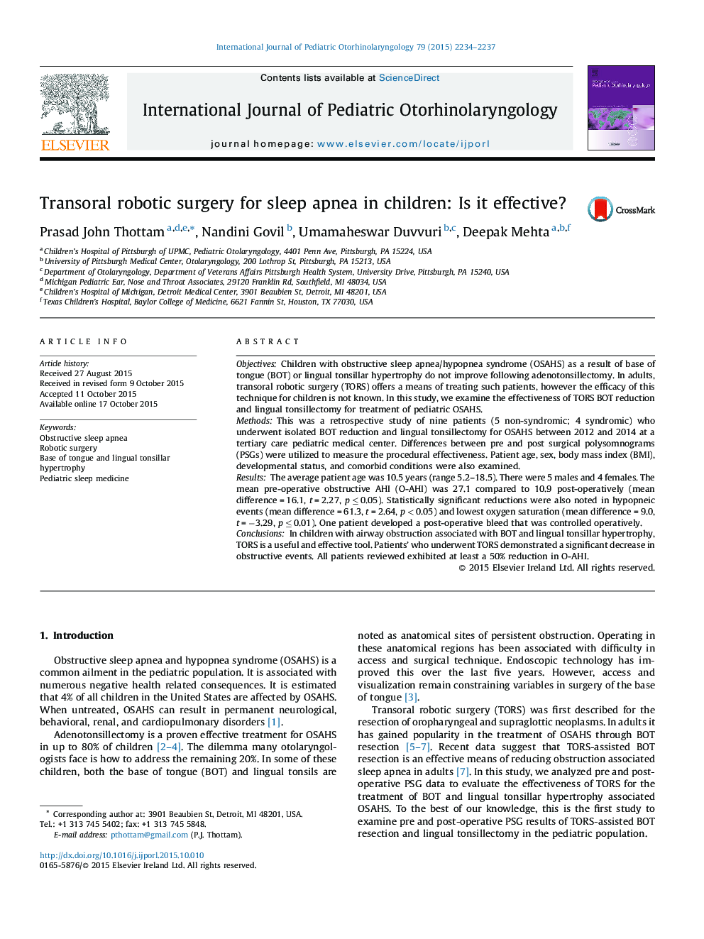 Transoral robotic surgery for sleep apnea in children: Is it effective?