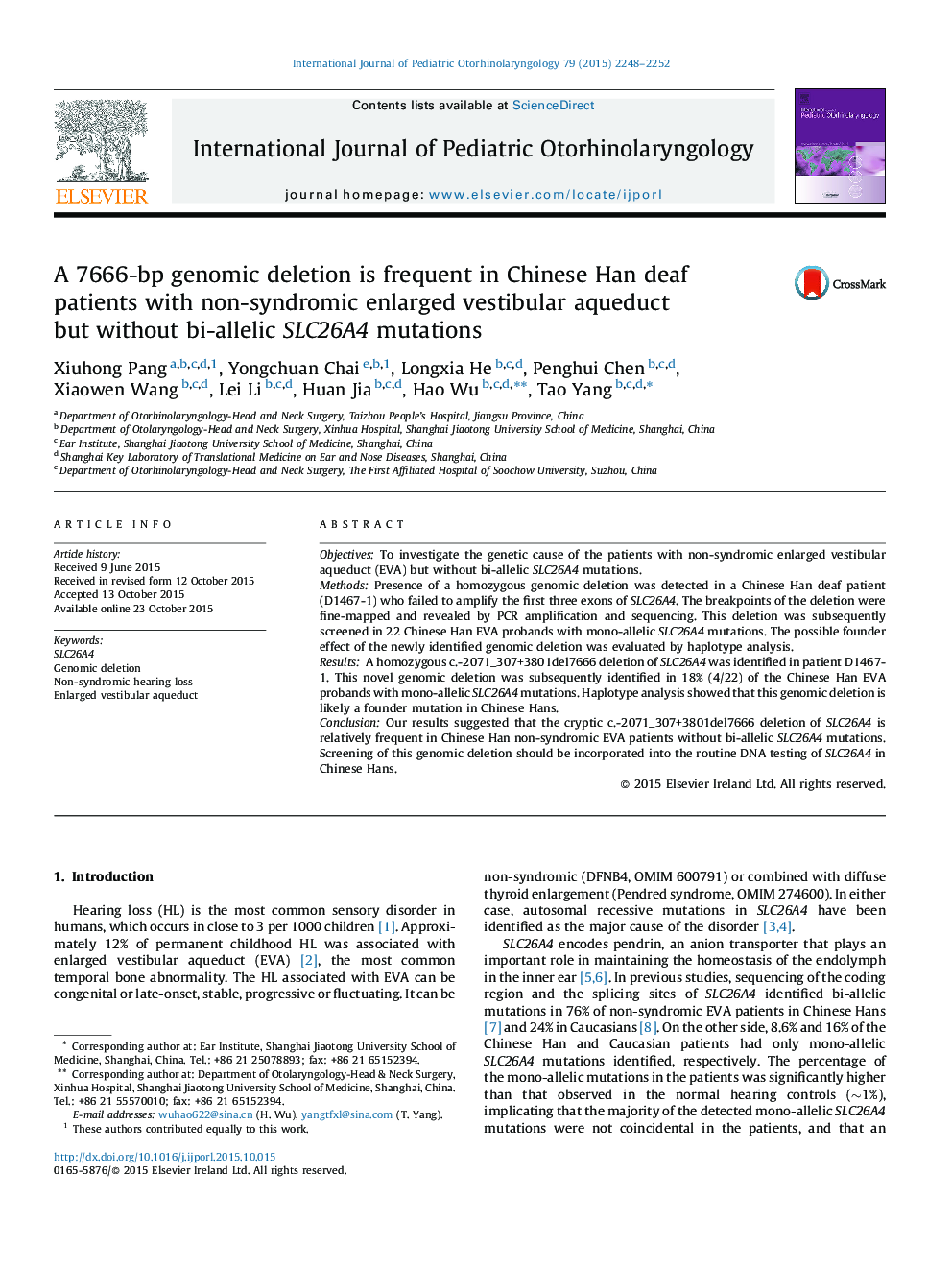 A 7666-bp genomic deletion is frequent in Chinese Han deaf patients with non-syndromic enlarged vestibular aqueduct but without bi-allelic SLC26A4 mutations