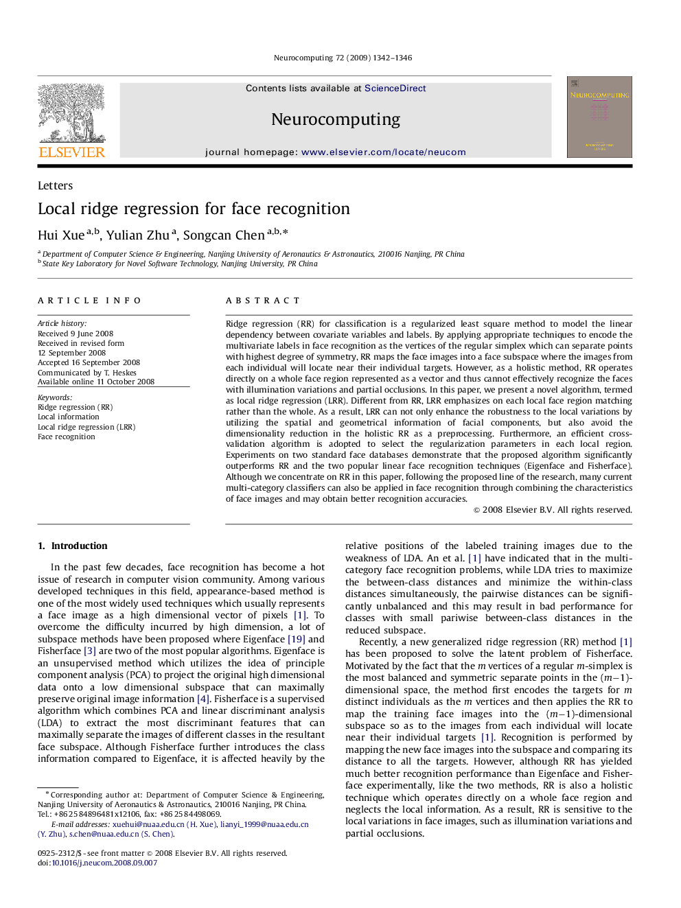 Local ridge regression for face recognition