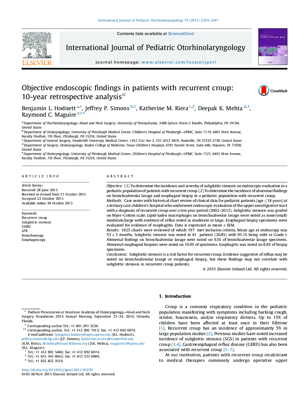 Objective endoscopic findings in patients with recurrent croup: 10-year retrospective analysis 