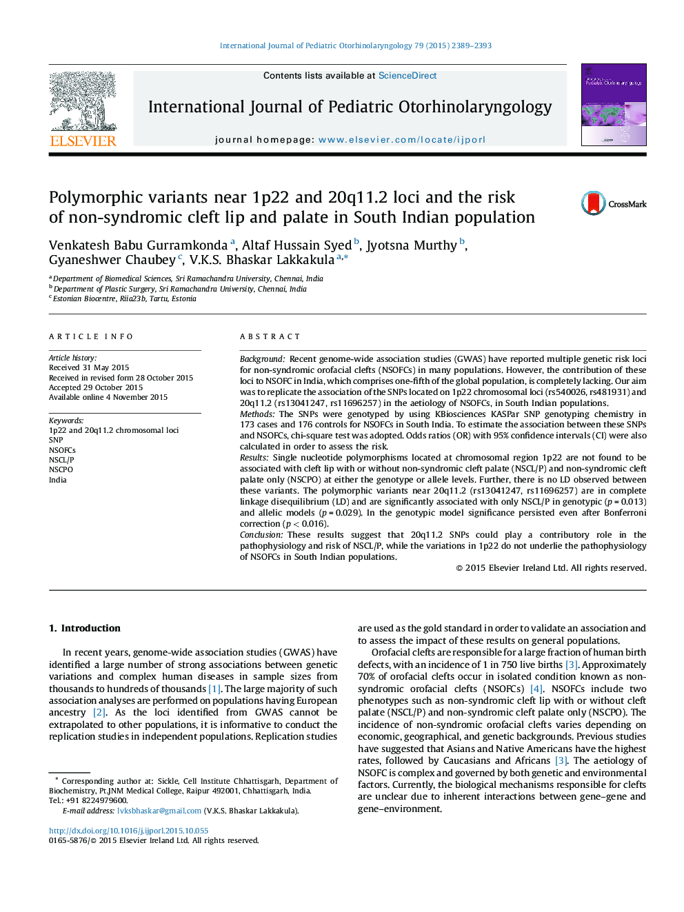 Polymorphic variants near 1p22 and 20q11.2 loci and the risk of non-syndromic cleft lip and palate in South Indian population