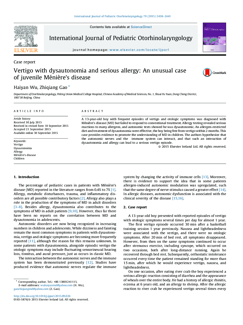 Vertigo with dysautonomia and serious allergy: An unusual case of juvenile Ménière's disease
