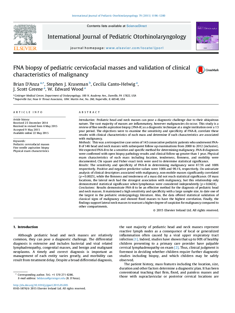 FNA biopsy of pediatric cervicofacial masses and validation of clinical characteristics of malignancy