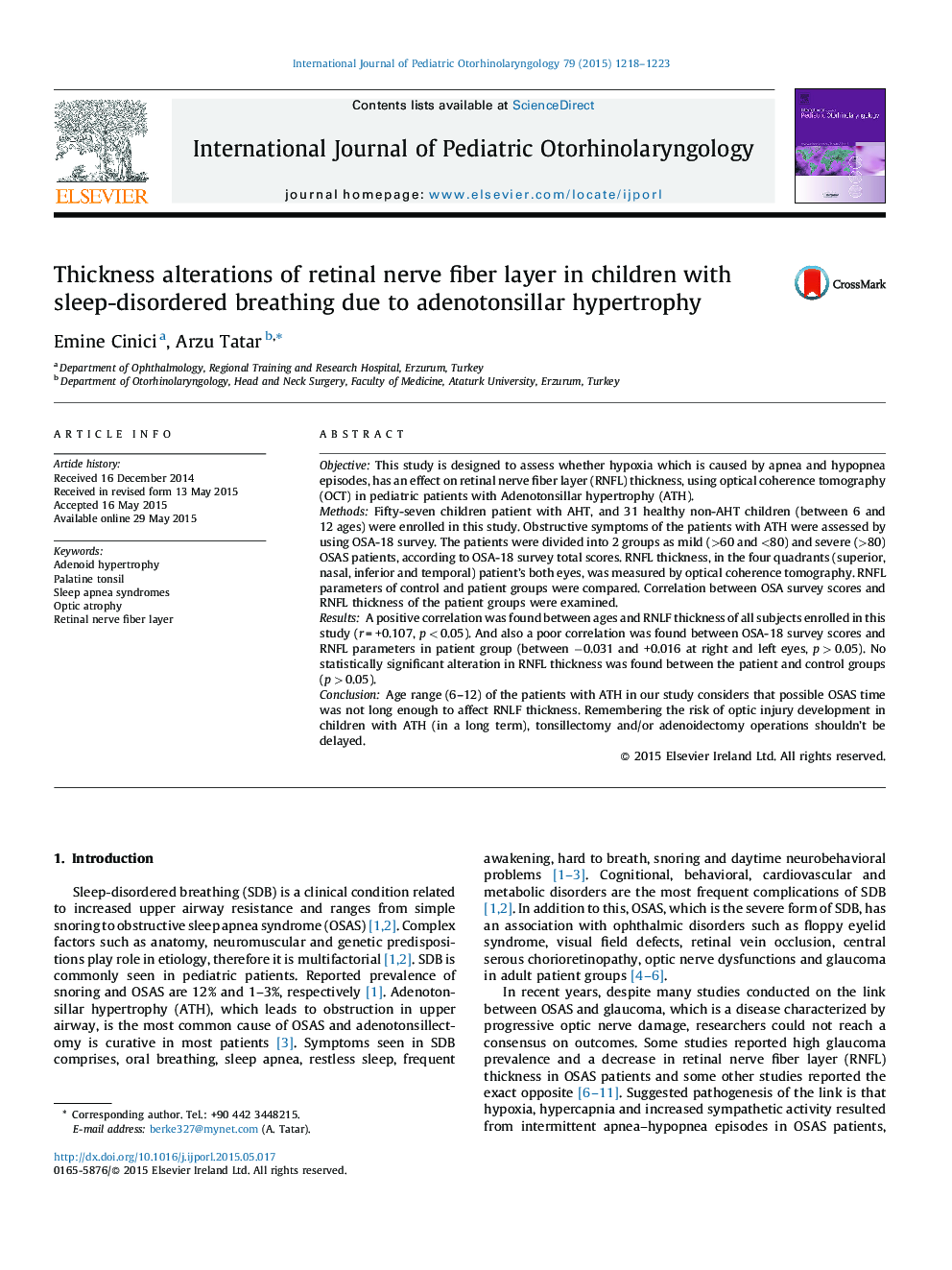 Thickness alterations of retinal nerve fiber layer in children with sleep-disordered breathing due to adenotonsillar hypertrophy