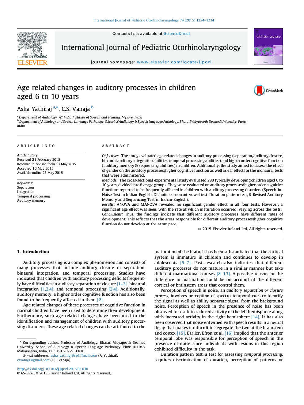 Age related changes in auditory processes in children aged 6 to 10 years