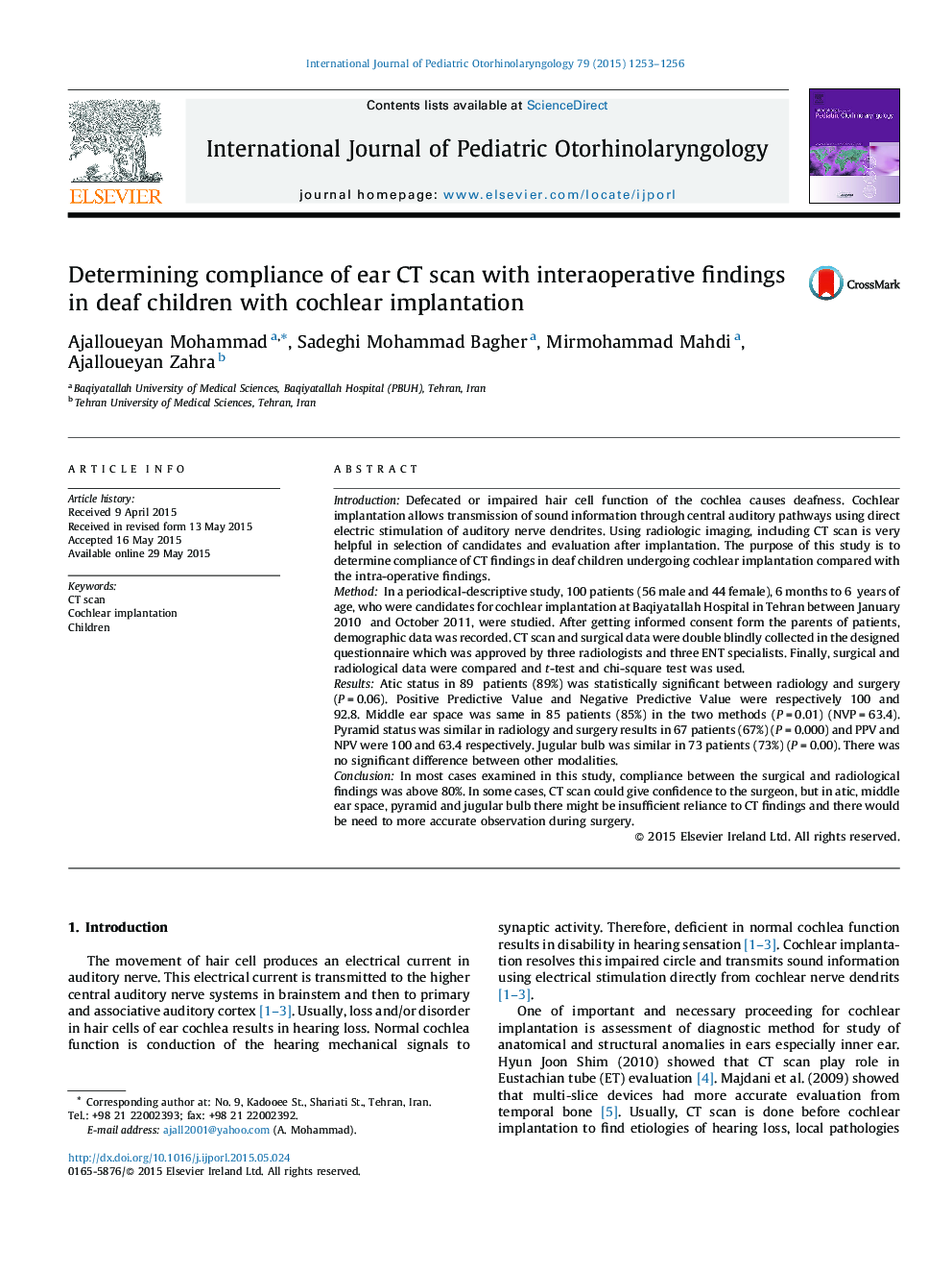 Determining compliance of ear CT scan with interaoperative findings in deaf children with cochlear implantation