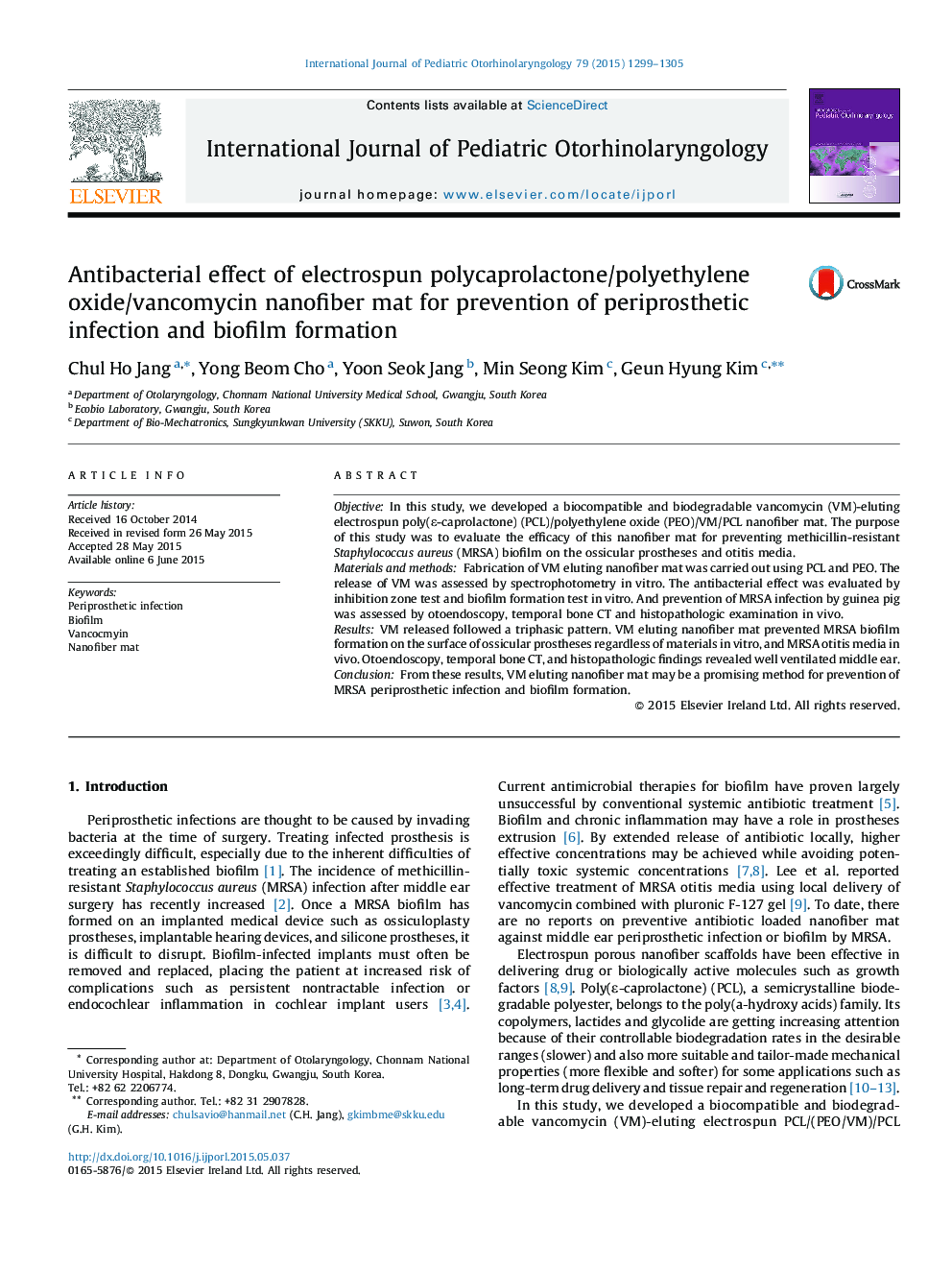Antibacterial effect of electrospun polycaprolactone/polyethylene oxide/vancomycin nanofiber mat for prevention of periprosthetic infection and biofilm formation