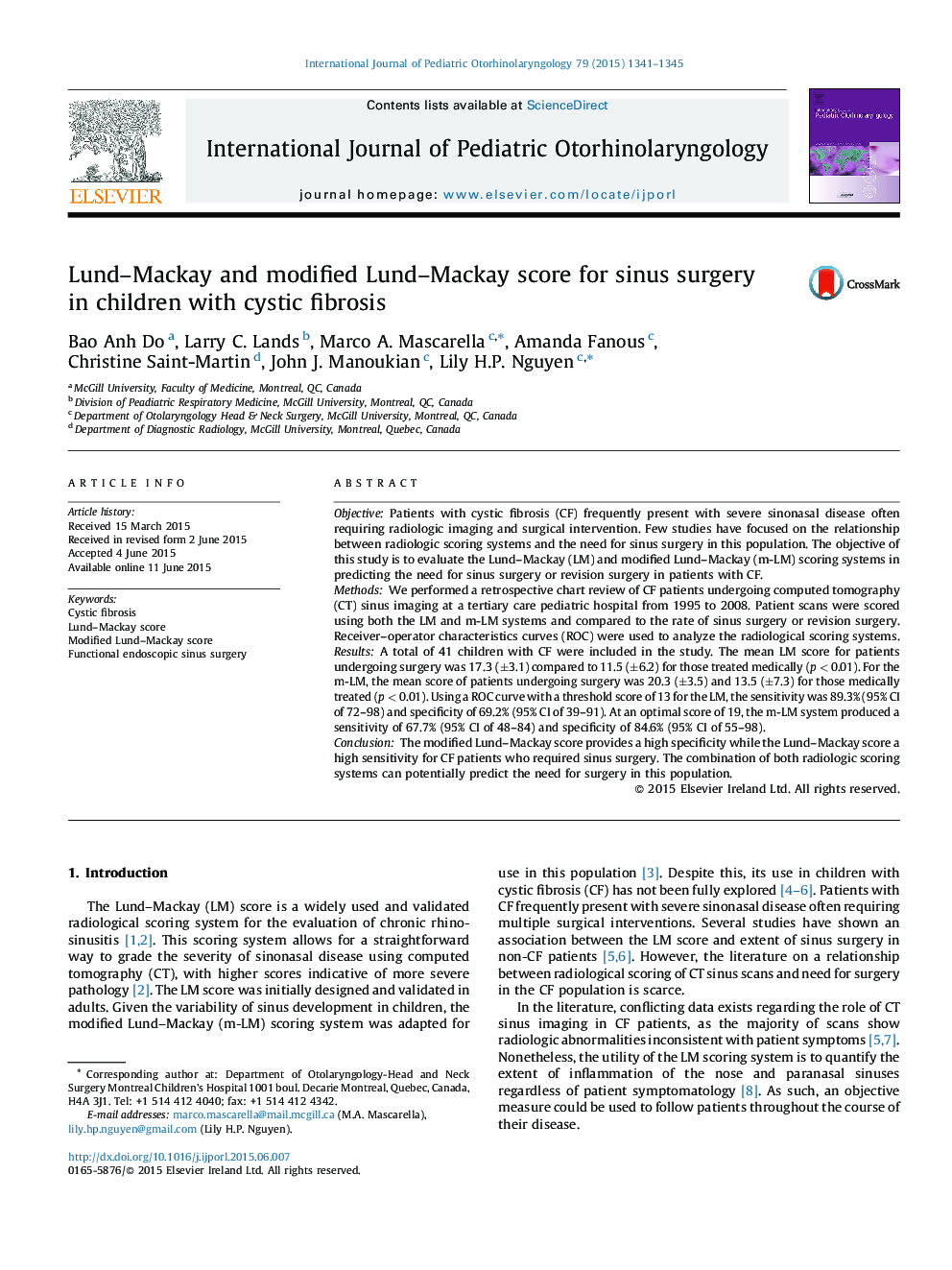 Lund–Mackay and modified Lund–Mackay score for sinus surgery in children with cystic fibrosis