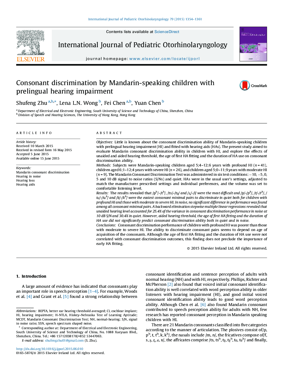 Consonant discrimination by Mandarin-speaking children with prelingual hearing impairment