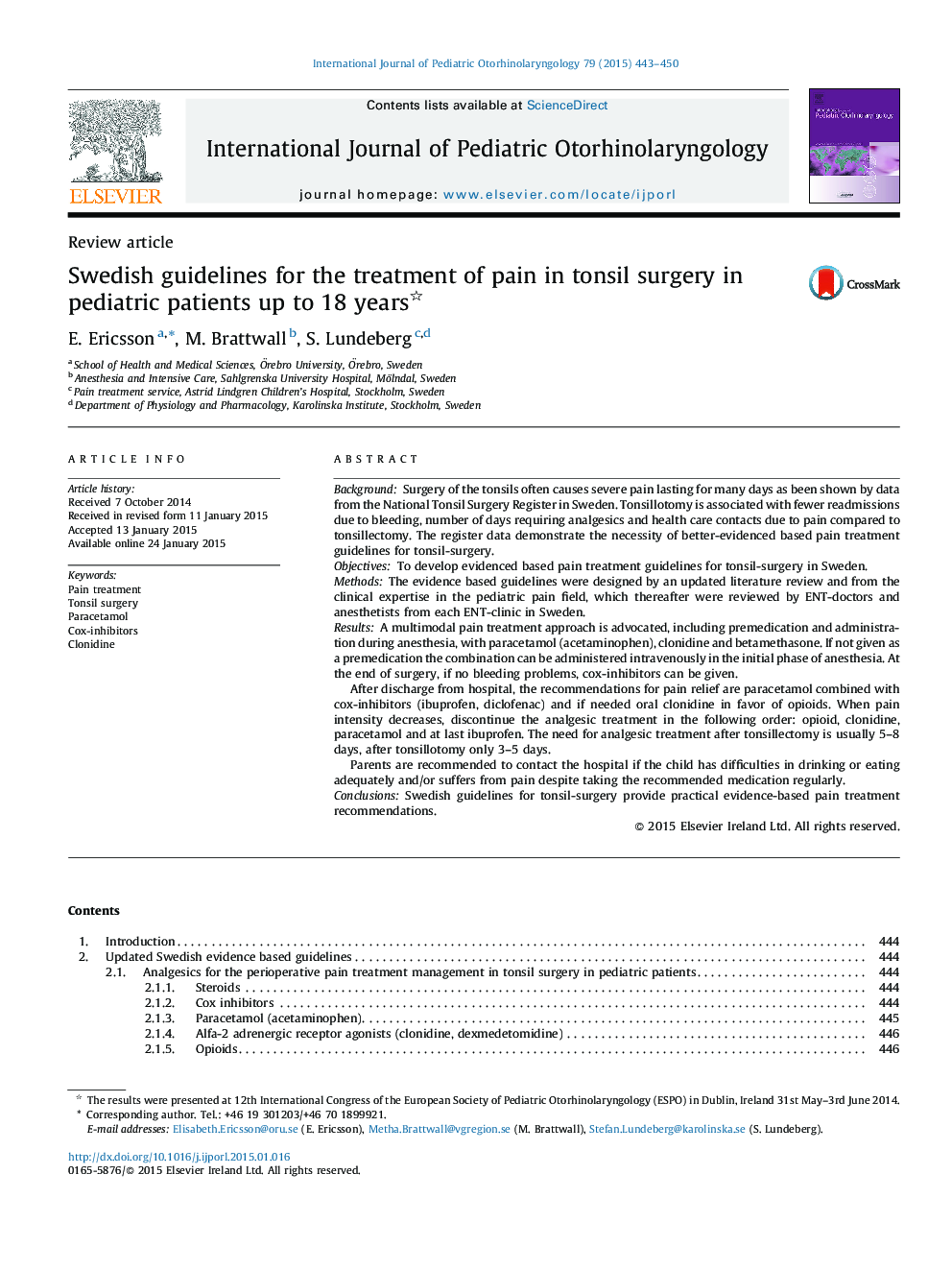 Swedish guidelines for the treatment of pain in tonsil surgery in pediatric patients up to 18 years 