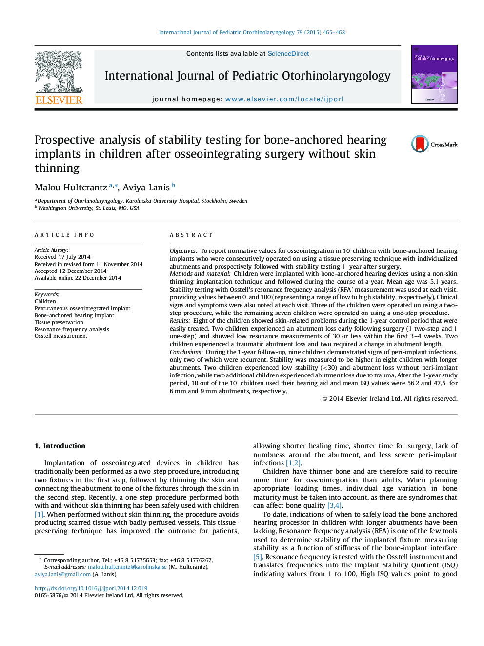 Prospective analysis of stability testing for bone-anchored hearing implants in children after osseointegrating surgery without skin thinning