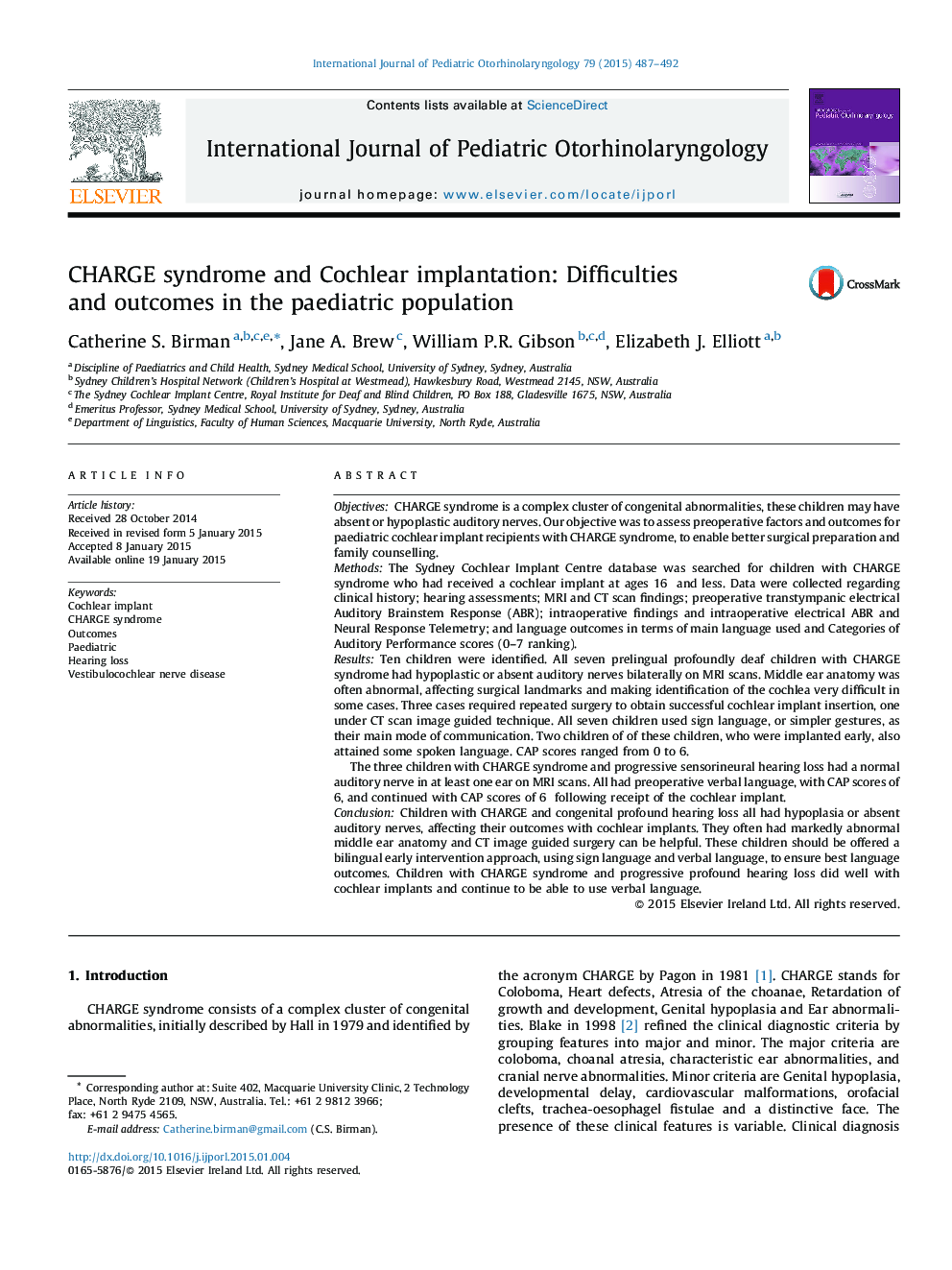 CHARGE syndrome and Cochlear implantation: Difficulties and outcomes in the paediatric population