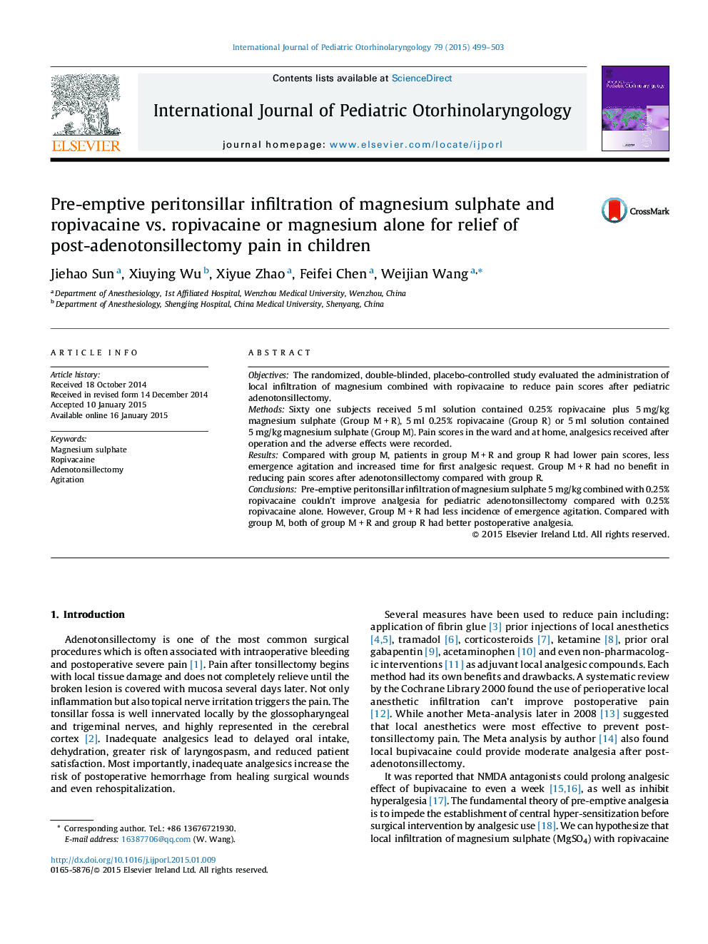 نفوذ پریتونسیریل پیشگیرانه سولفات منیزیم و روپیفوواکائین در برابر روپیفوواکائین یا منیزیم به تنهایی برای تسکین درد پس از آدنوتونسیلکتومی در کودکان 