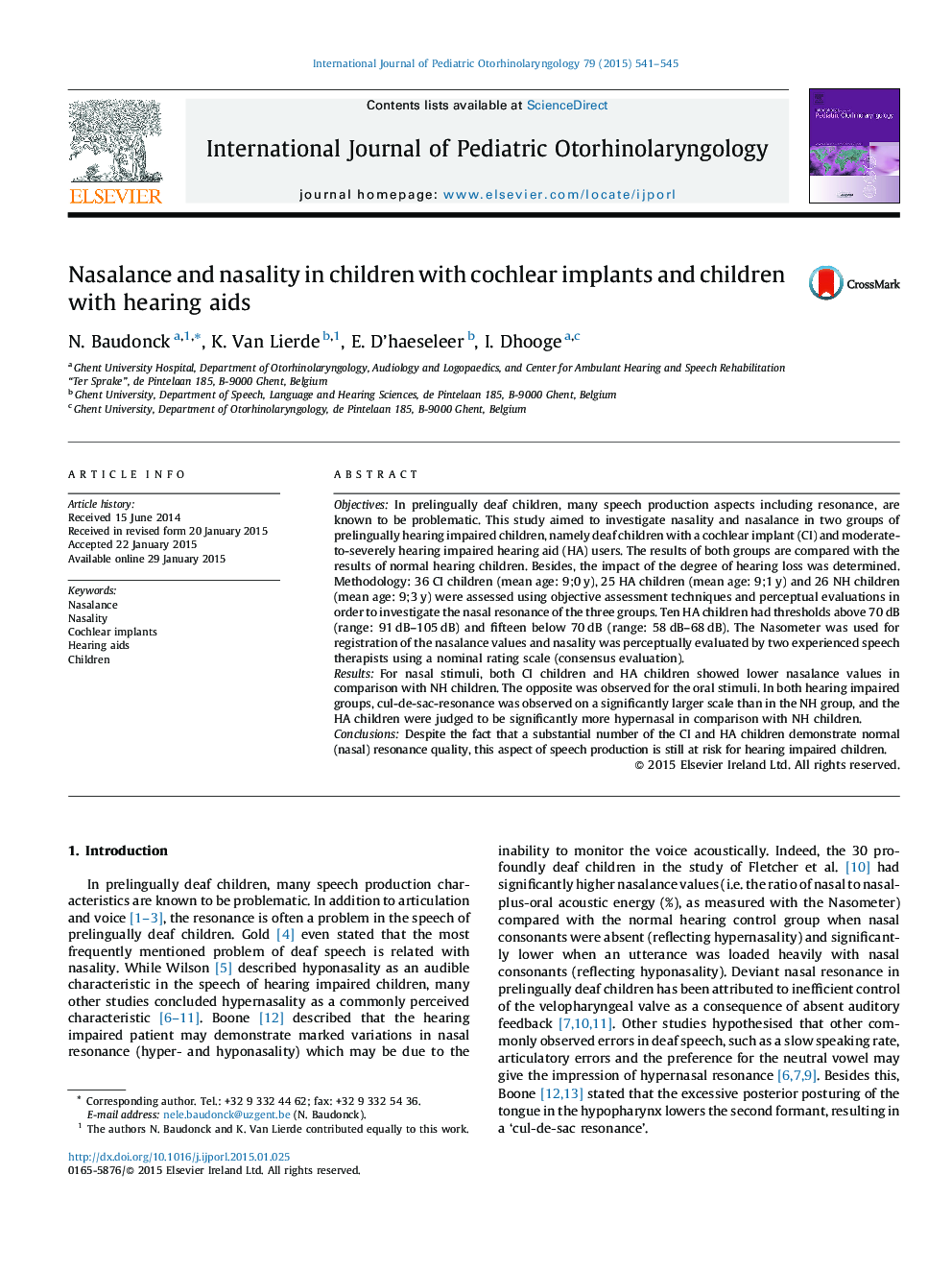 Nasalance and nasality in children with cochlear implants and children with hearing aids