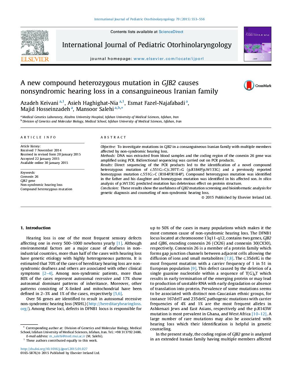 A new compound heterozygous mutation in GJB2 causes nonsyndromic hearing loss in a consanguineous Iranian family