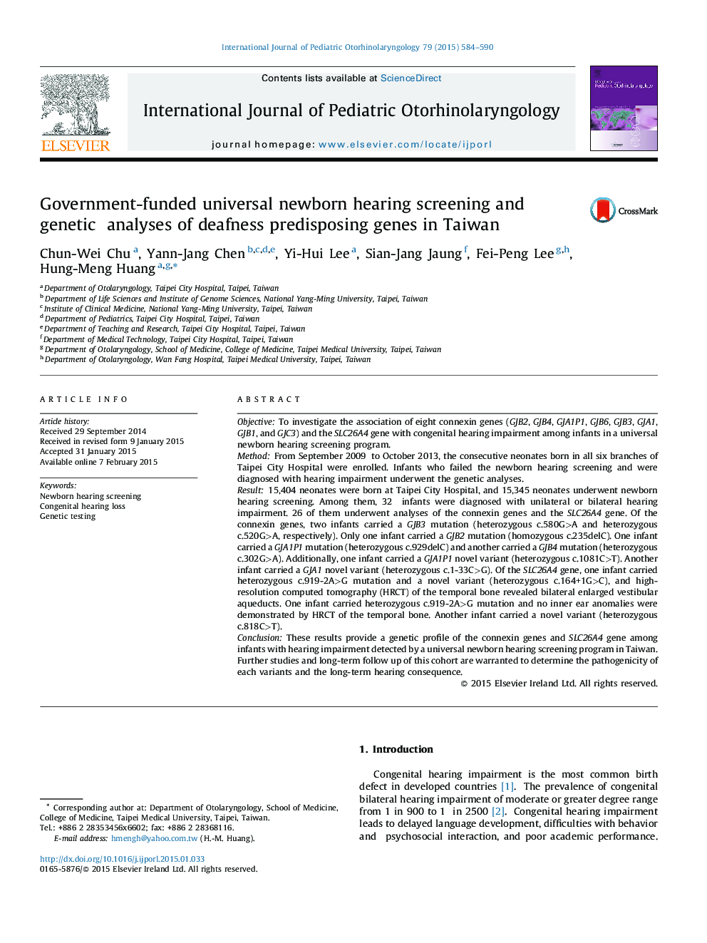 Government-funded universal newborn hearing screening and genetic analyses of deafness predisposing genes in Taiwan