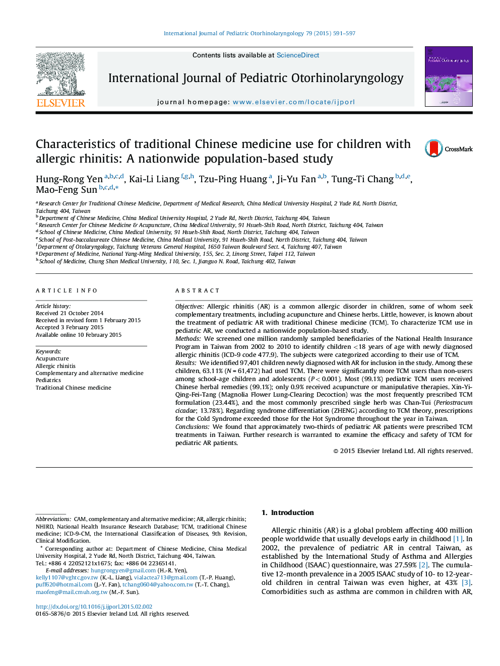 Characteristics of traditional Chinese medicine use for children with allergic rhinitis: A nationwide population-based study