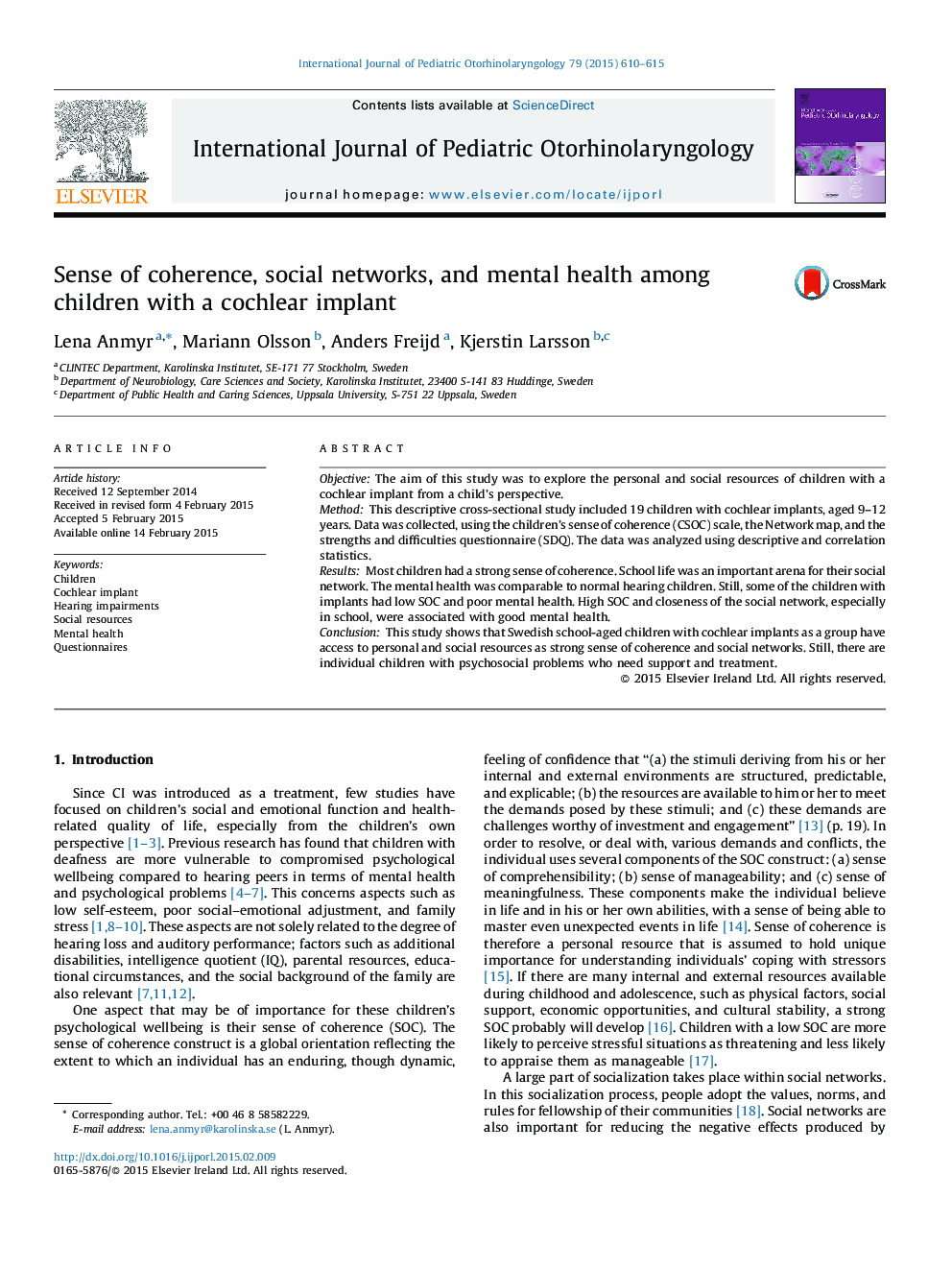 Sense of coherence, social networks, and mental health among children with a cochlear implant