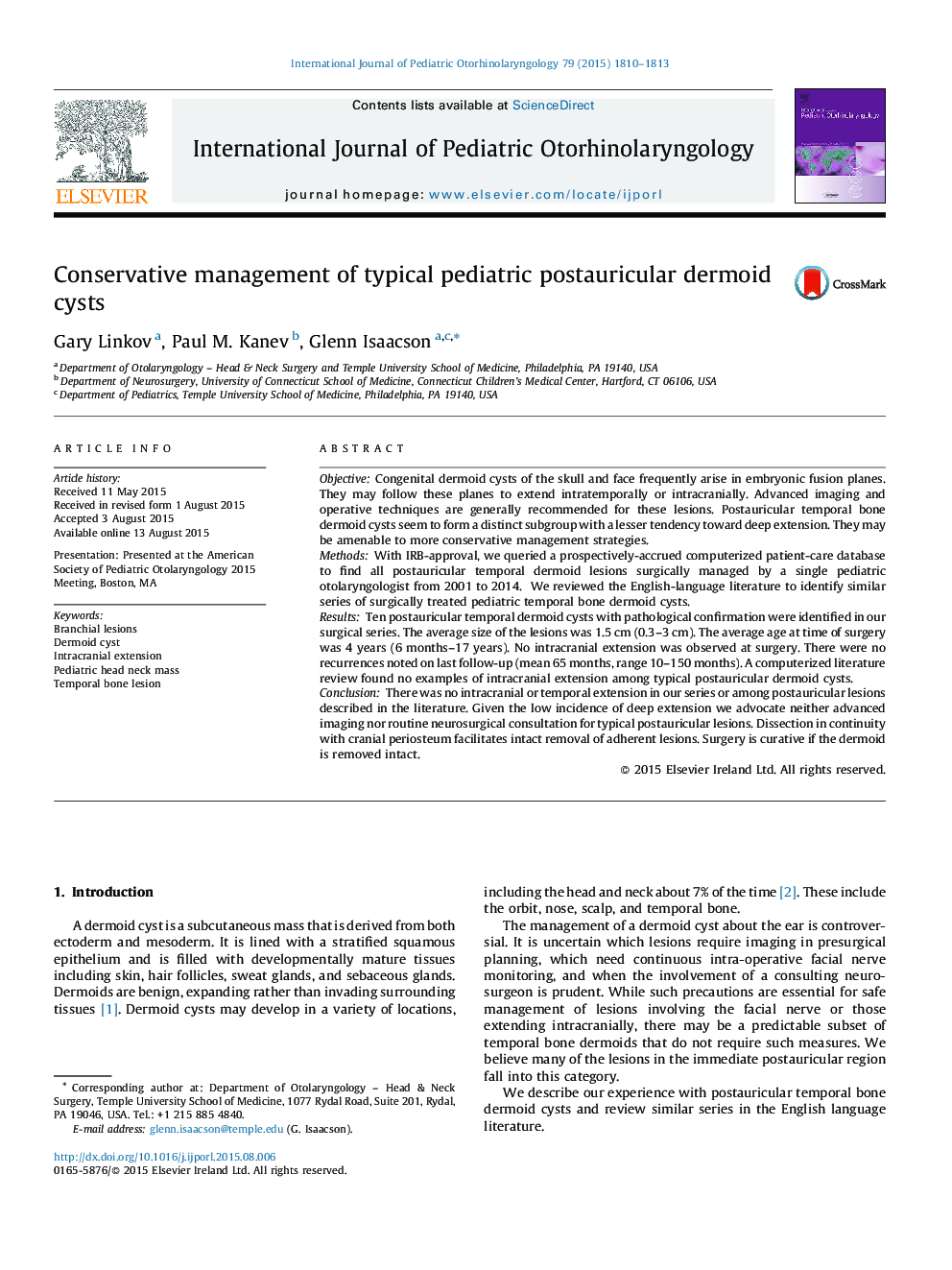 Conservative management of typical pediatric postauricular dermoid cysts