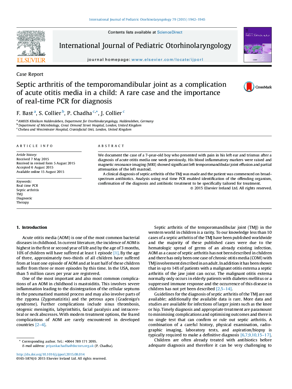 Septic arthritis of the temporomandibular joint as a complication of acute otitis media in a child: A rare case and the importance of real-time PCR for diagnosis