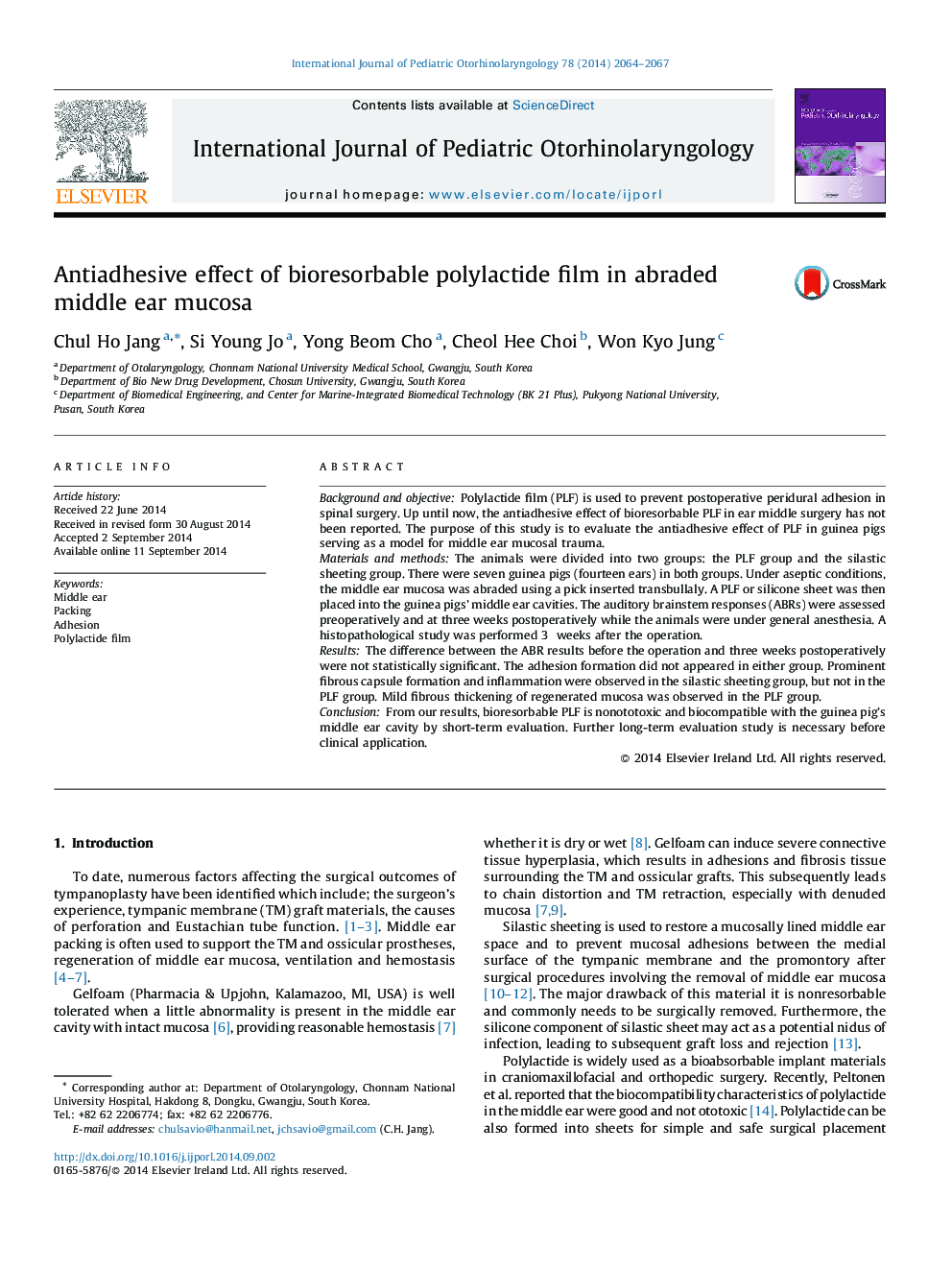 Antiadhesive effect of bioresorbable polylactide film in abraded middle ear mucosa