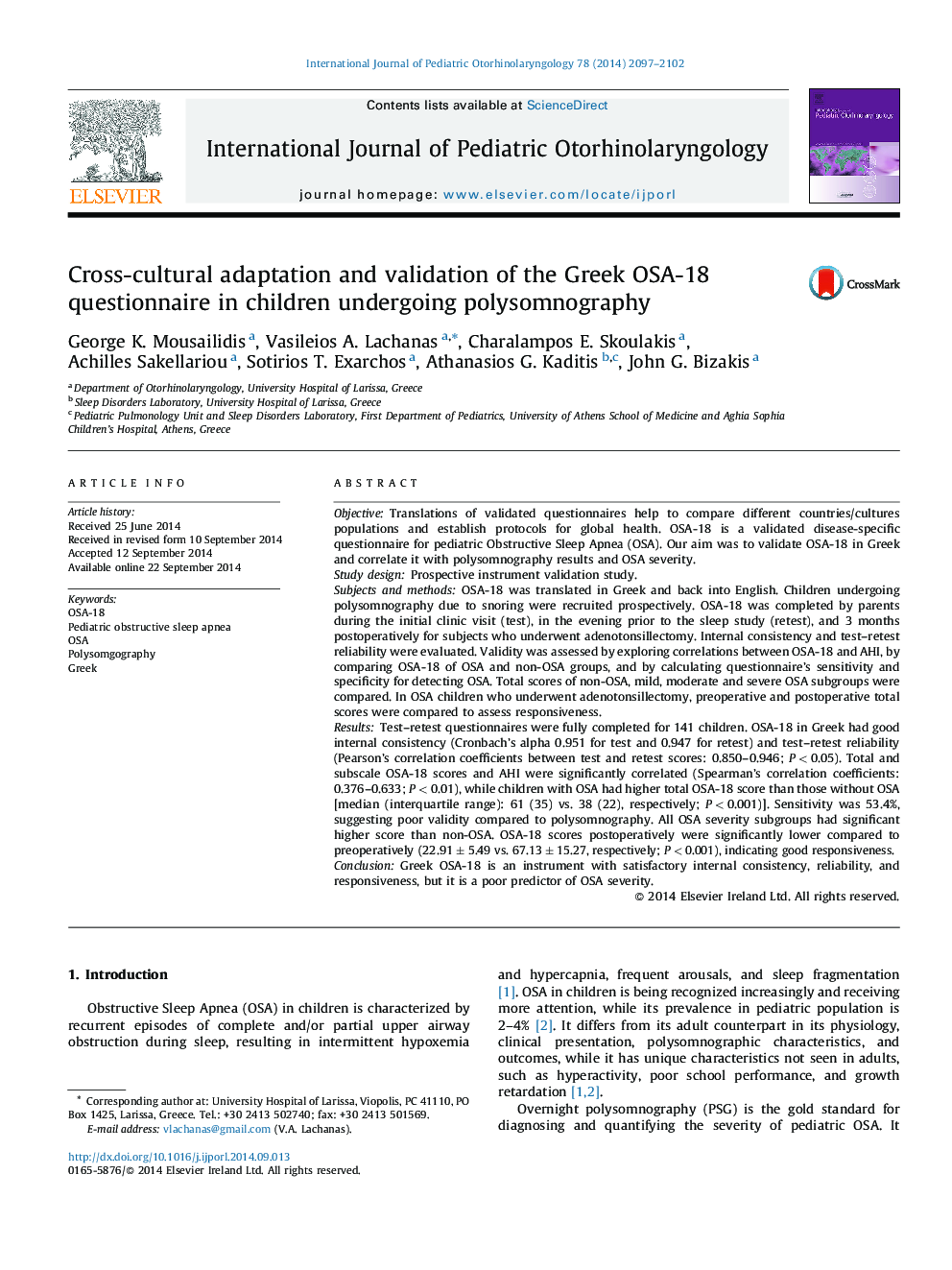 Cross-cultural adaptation and validation of the Greek OSA-18 questionnaire in children undergoing polysomnography