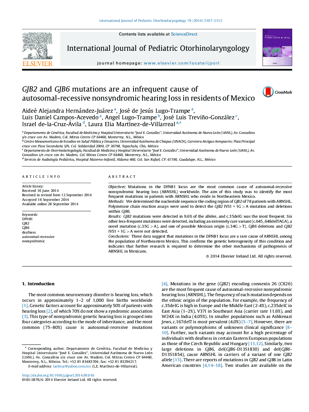 GJB2 and GJB6 mutations are an infrequent cause of autosomal-recessive nonsyndromic hearing loss in residents of Mexico